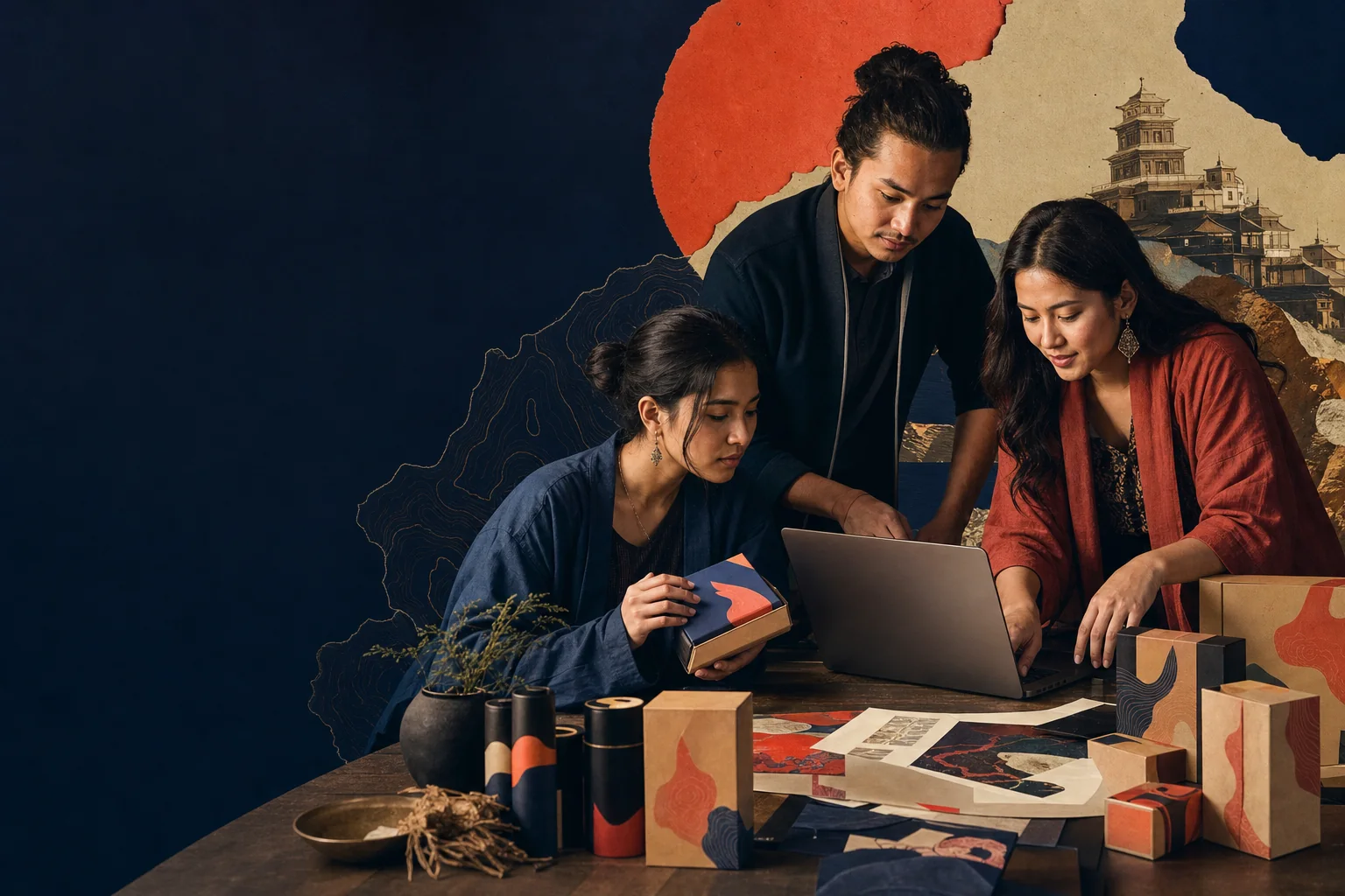 Young Manipuri founders collaborating on brand packaging and product identity